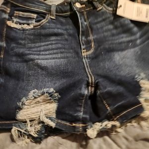 Judy Blue denim shorts. Large, distressed, dark denim